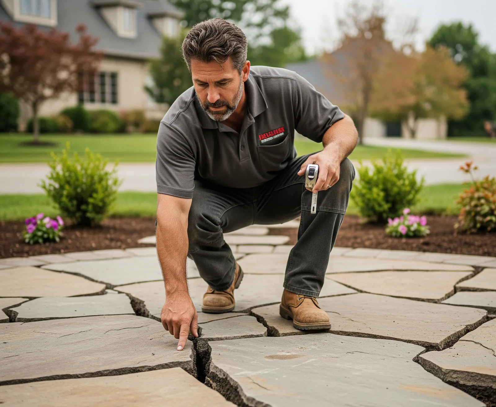 Contractor inspecting a cracked patio slab