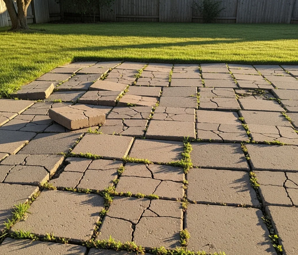 Failed patio pavers with uneven joints and weed growth