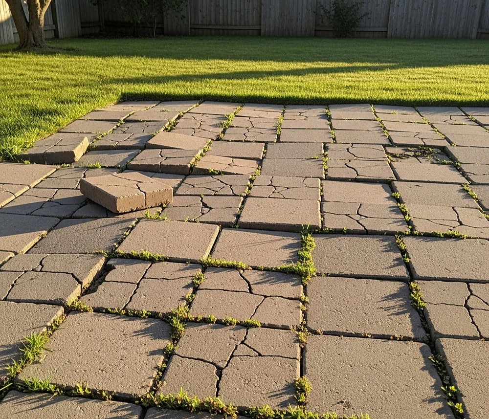 Damaged patio pavers showing material failure and weed growth