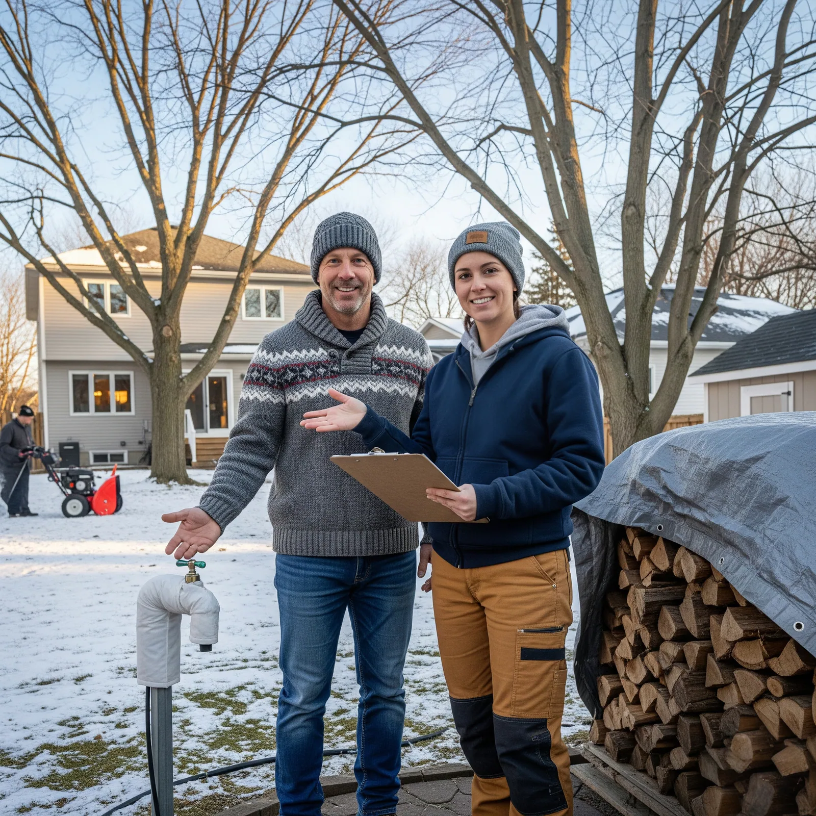 Two landscape professionals standing outside a Winnipeg home in winter