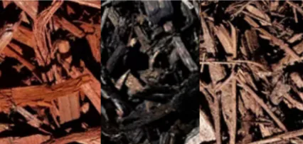 Close-up comparison of black and red wood mulch