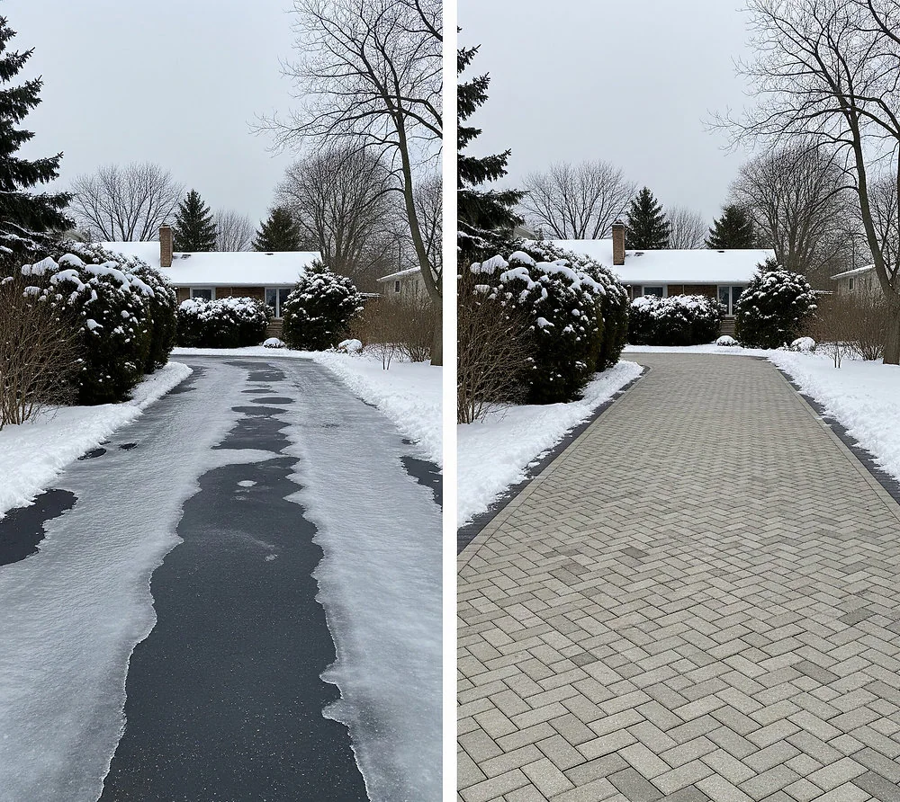 Permeable paver driveway shown before and after winter snowfall