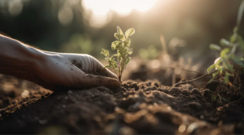 Hands planting a seedling in healthy garden soil
