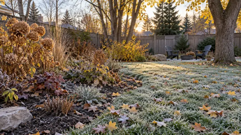 Light frost on a Winnipeg garden lawn beside an unfrozen perennial bed