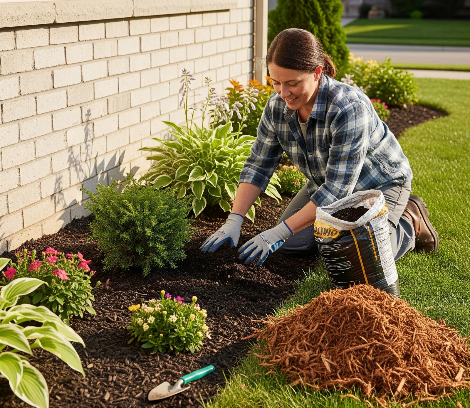 Gardener spreading mulch around established plants
