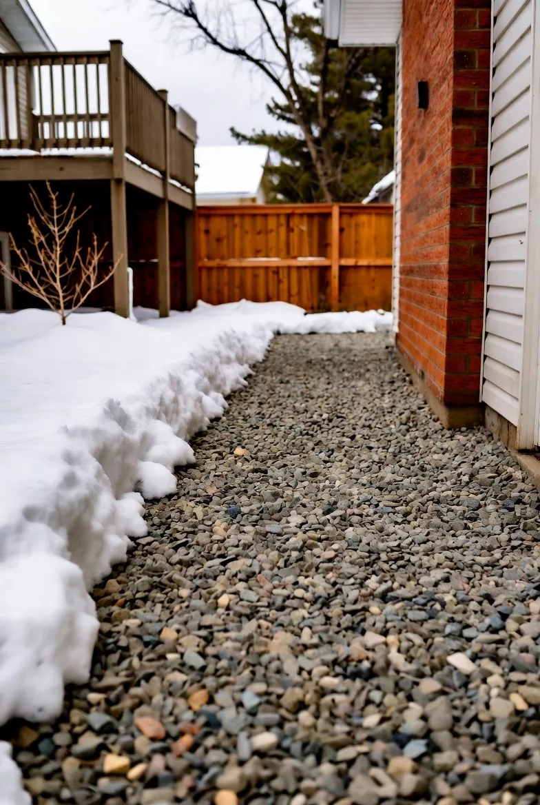 Backyard deck and downspout area requiring drainage improvements