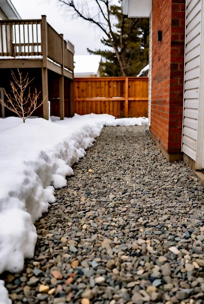 Backyard deck and downspout area requiring drainage improvements