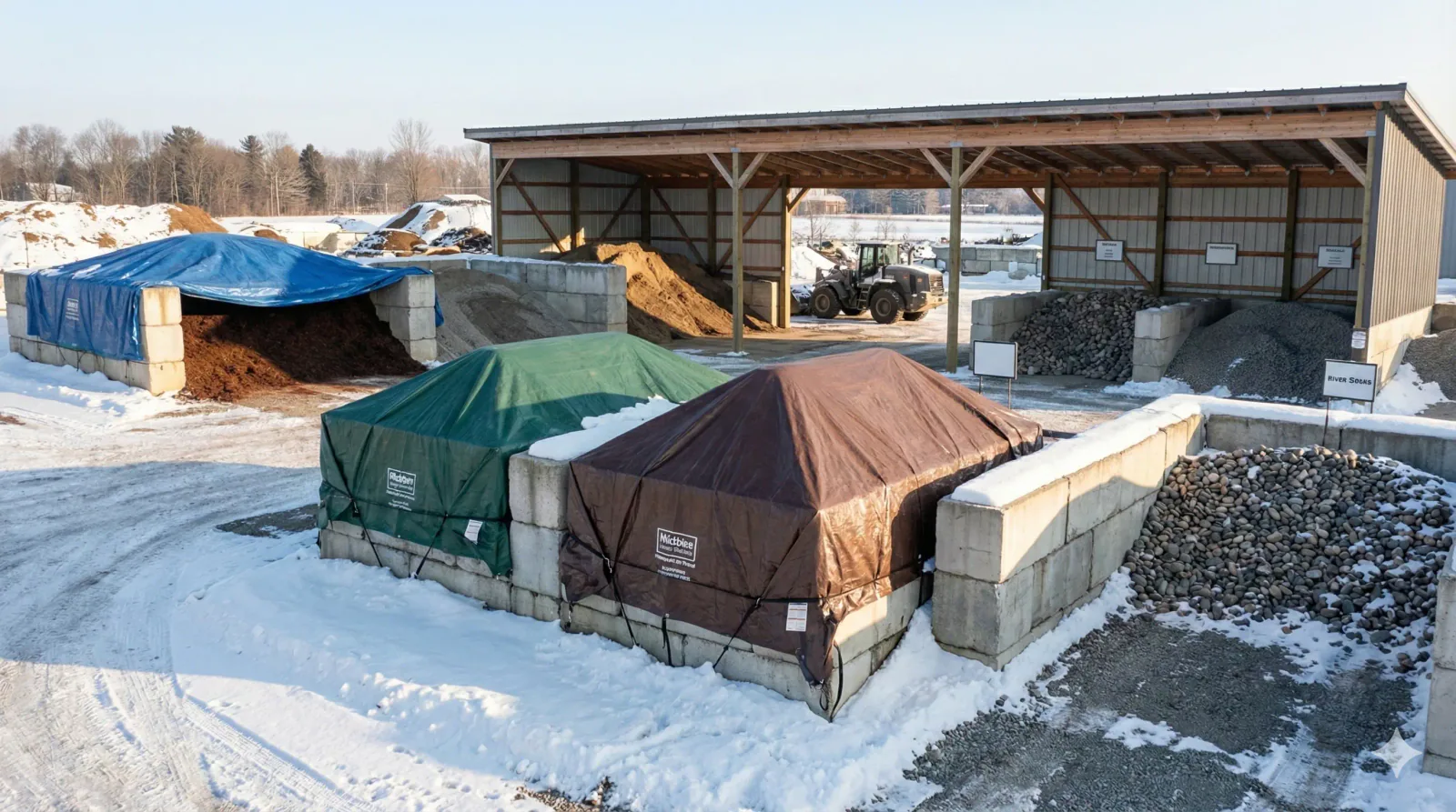 Covered bulk landscape material piles stored outdoors in winter