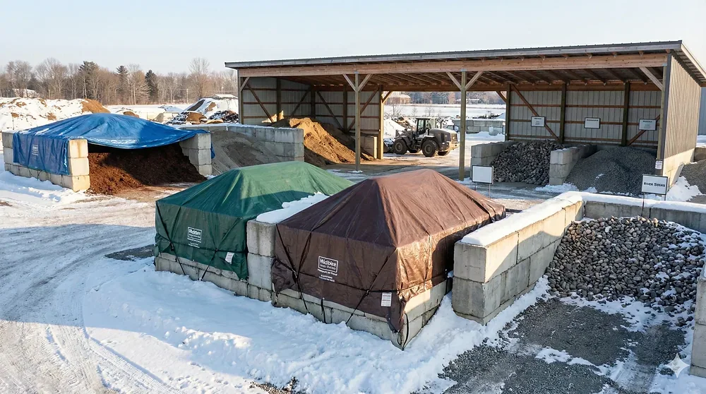 Covered bulk landscape material piles stored outdoors in winter