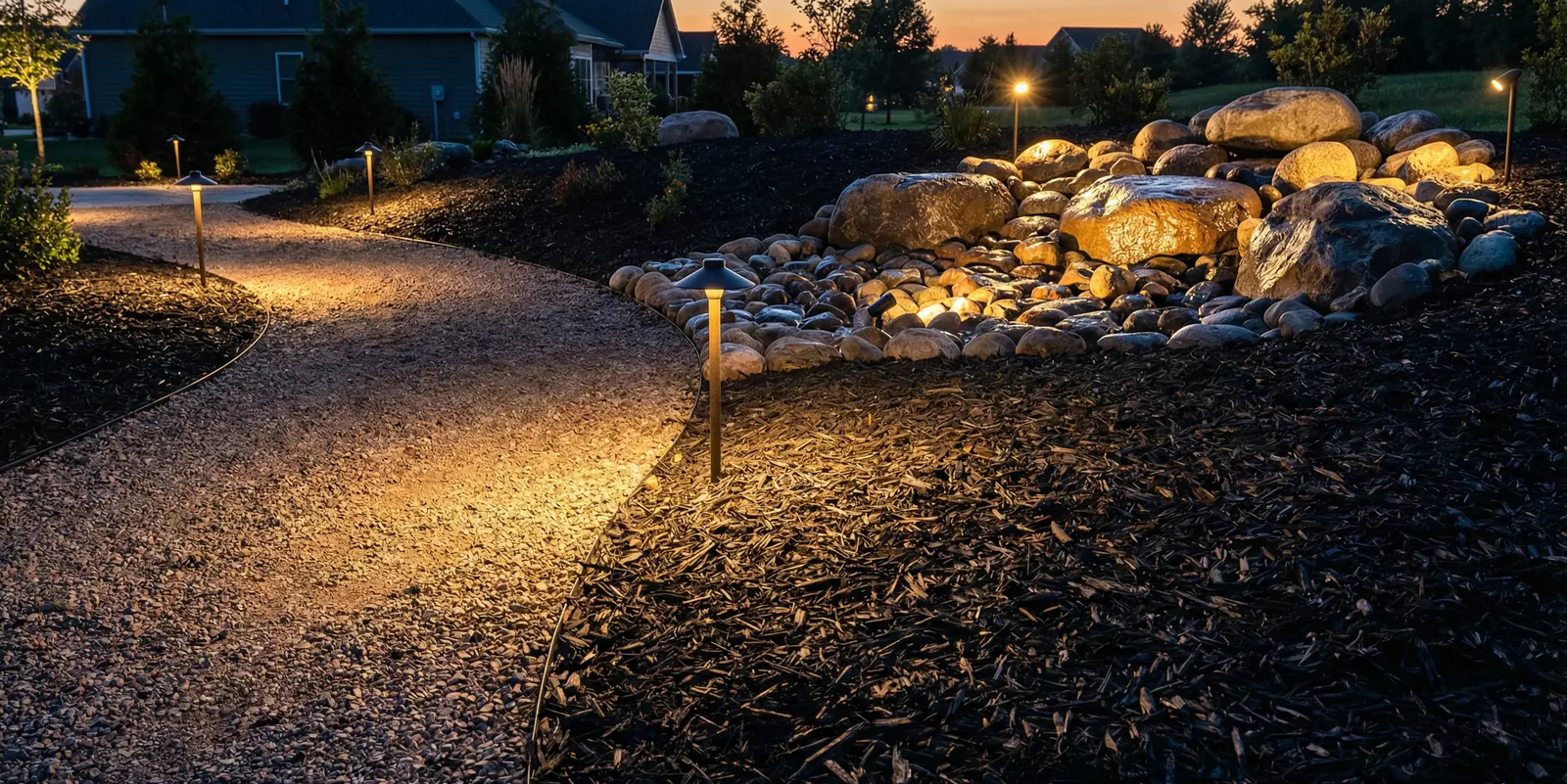 Landscape lighting illuminating a gravel garden path at night