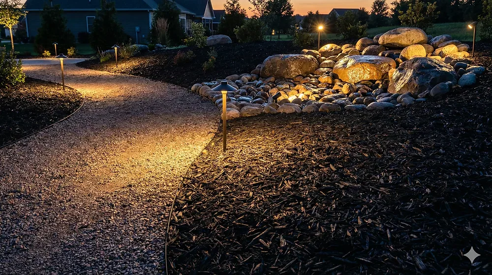Landscape lighting illuminating a gravel garden path at night