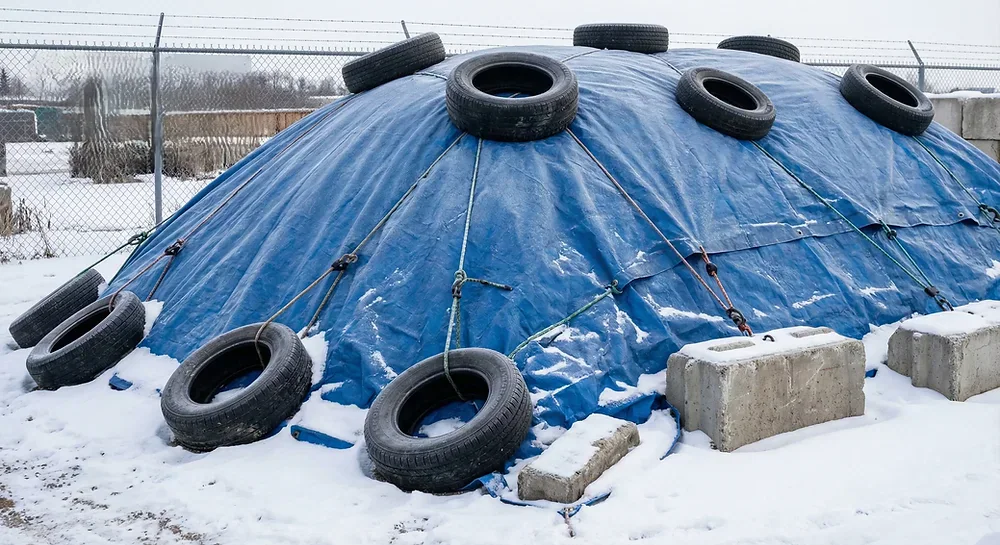 Landscape materials stored under tarps during winter in Winnipeg
