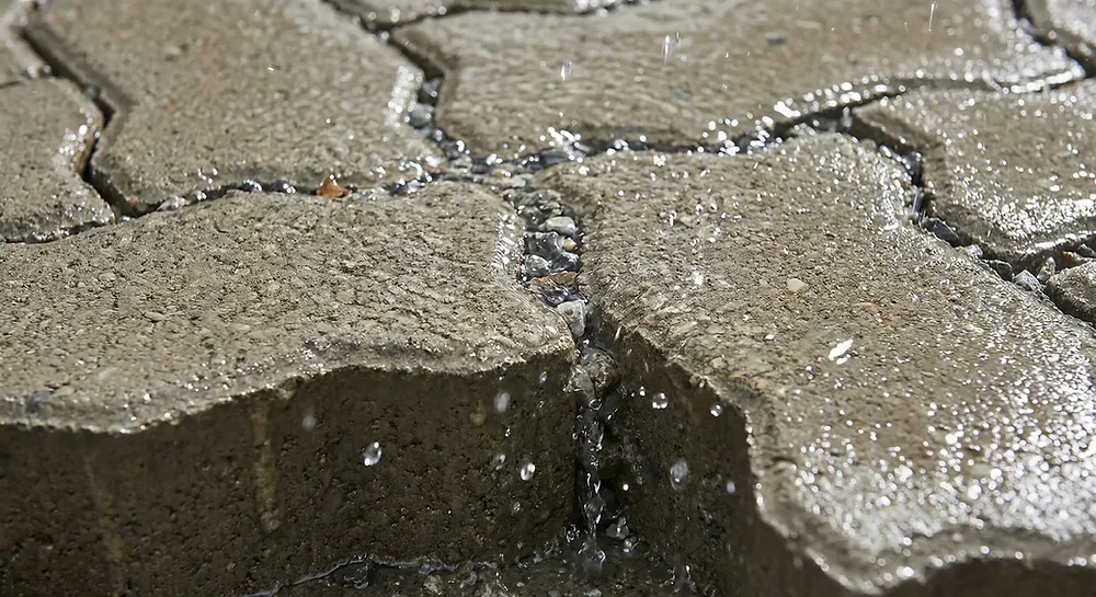 Water draining through permeable pavers during a surface drainage test