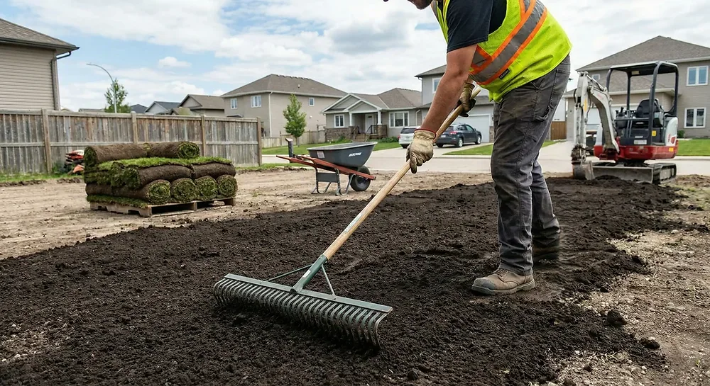Worker spreading topsoil before sod installation in a Winnipeg yard