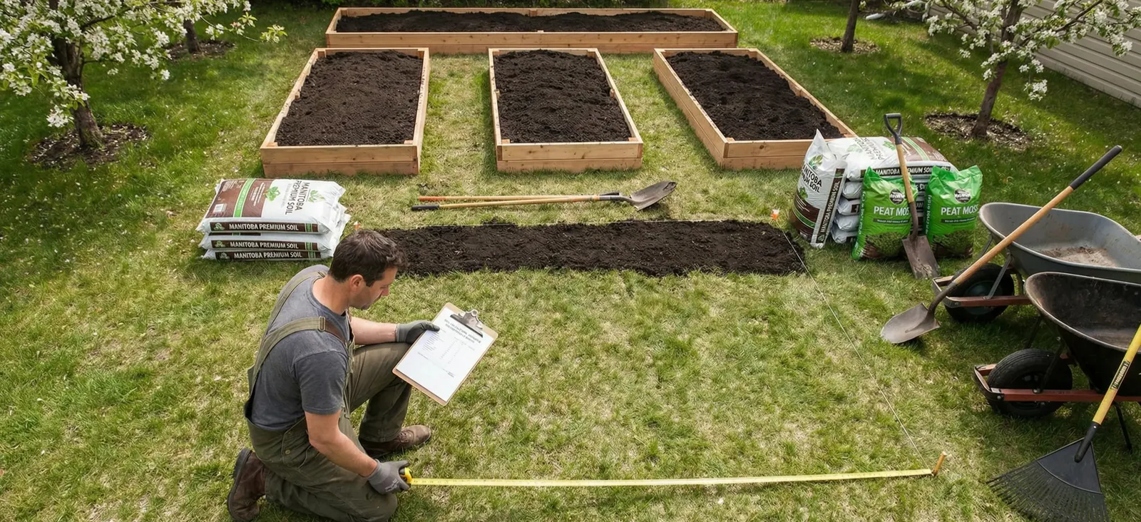 Contractor measuring raised garden beds for a soil calculation