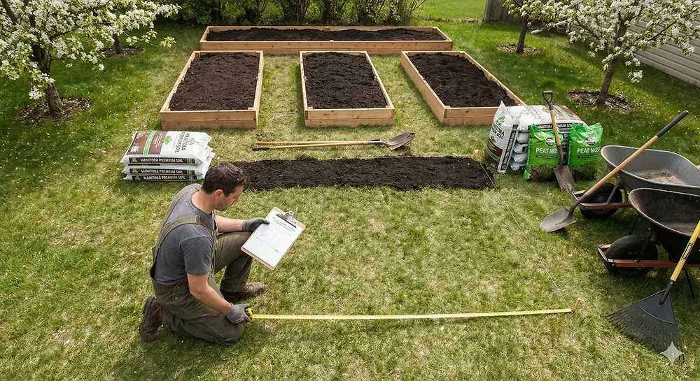 Contractor measuring raised garden beds for a soil calculation