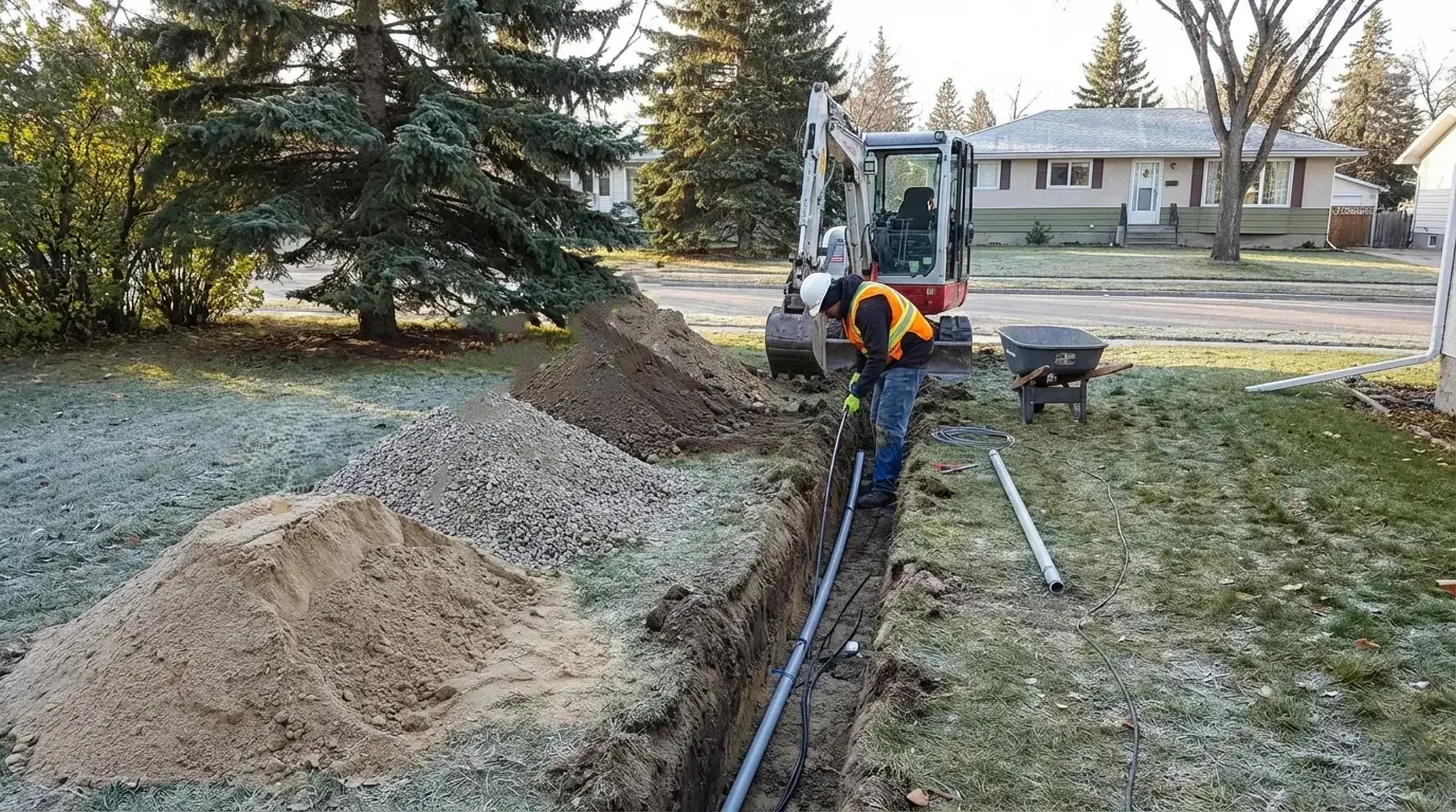 Contractor preparing trench backfill for landscape lighting