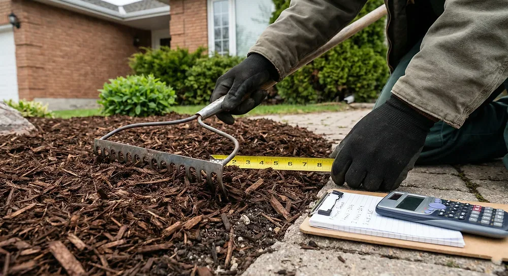 Measuring mulch depth beside a calculator for a Winnipeg garden bed