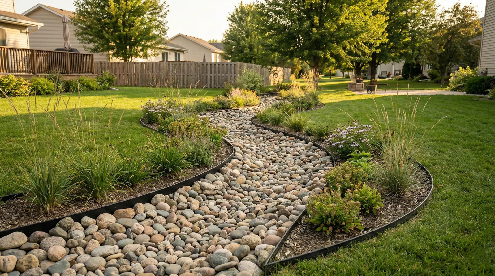 Decorative dry creek bed with natural river stone in Winnipeg residential backyard surrounded by ornamental grasses and perennials