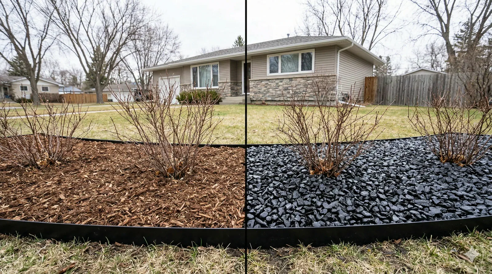 Side by side comparison of black decorative granite versus wood chip mulch in Winnipeg garden bed showing permanent versus annual ground cover options