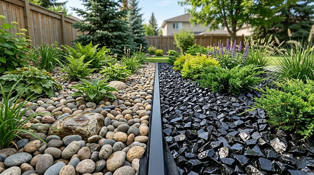 Decorative dry creek bed with natural river stone in Winnipeg residential backyard surrounded by ornamental grasses and perennials