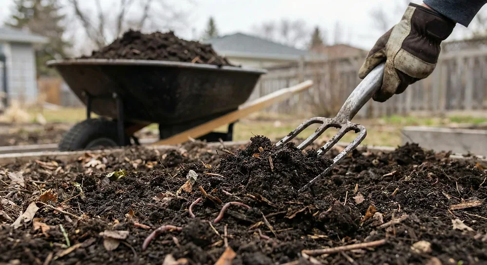 Compost and a garden fork used for spring soil preparation in Winnipeg