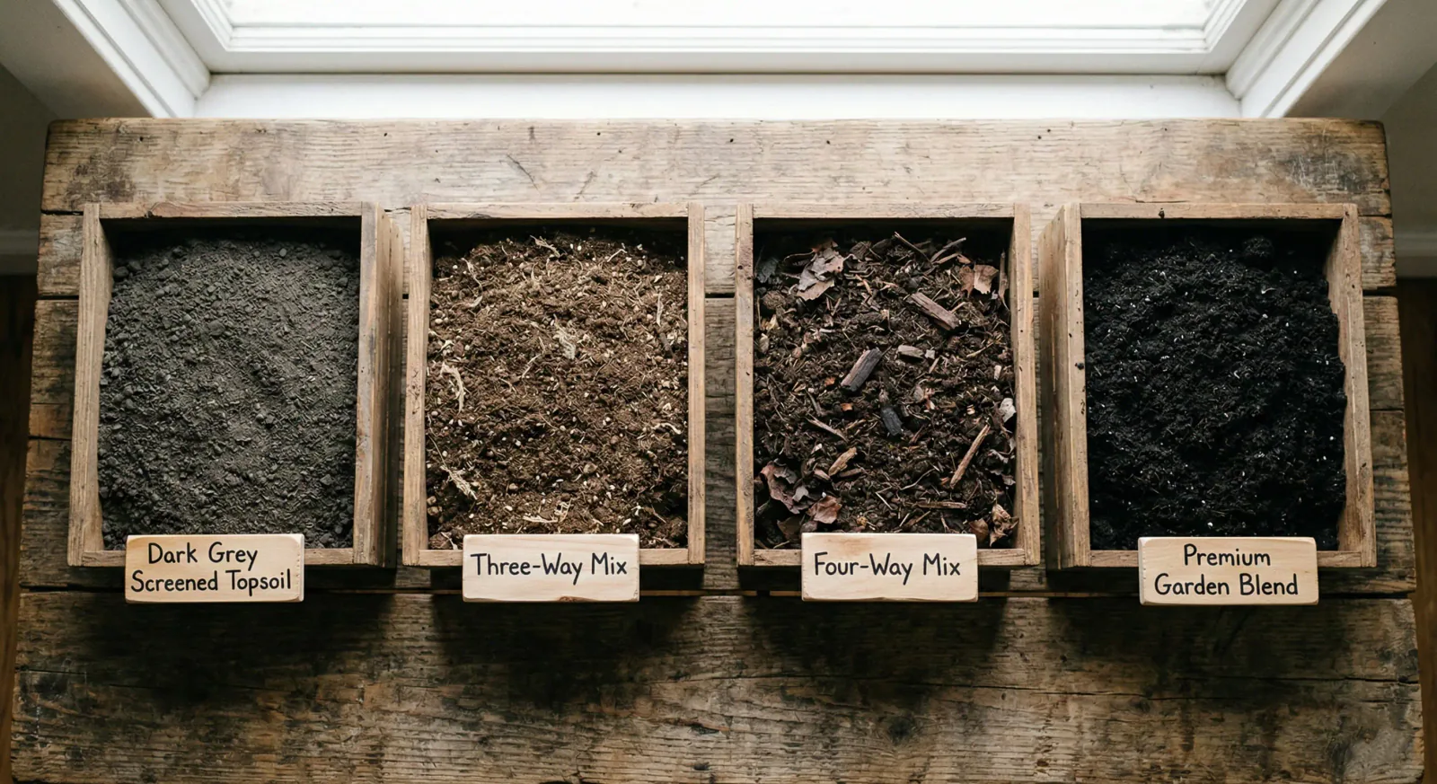 Four types of topsoil side by side showing screened black topsoil, 3-way mix, 4-way garden blend, and premium garden mix available from Ditchfield Soils Winnipeg