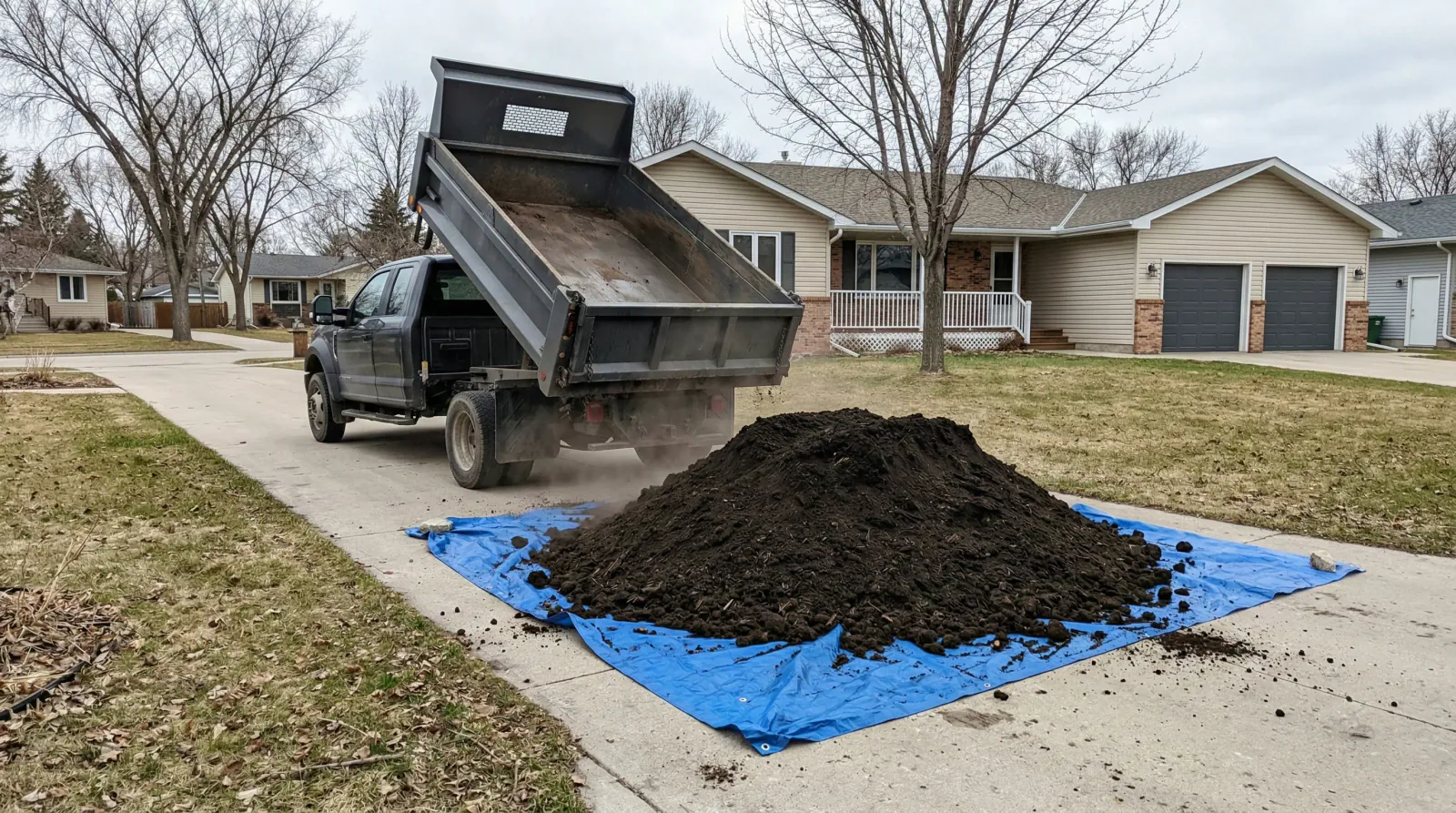 Bulk topsoil delivery in Winnipeg showing dark screened topsoil freshly dumped on residential driveway from dump truck