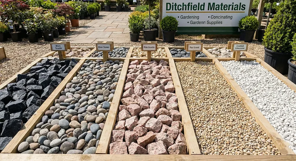 Decorative rock samples displayed at a Winnipeg landscape supply yard