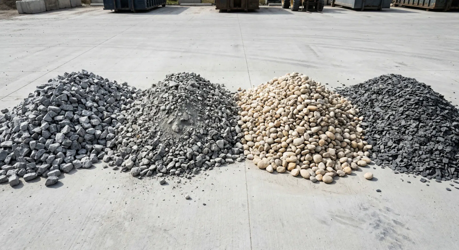 Different aggregate types side by side at Winnipeg landscape supply yard showing clean limestone crusher run and drainage gravel