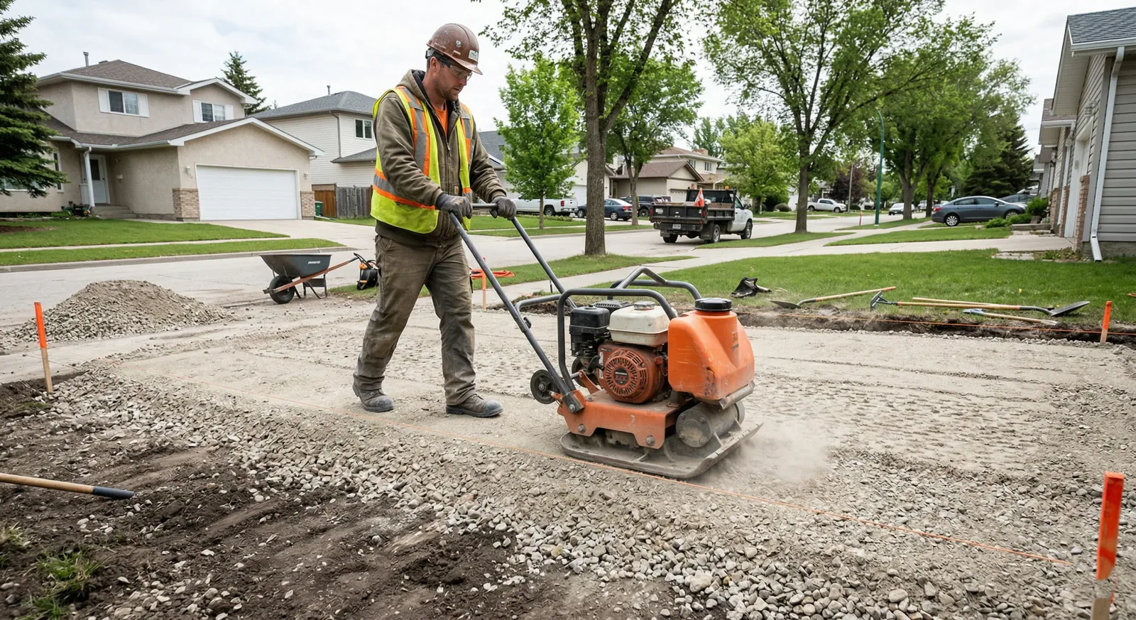 Plate compactor compacting crusher run limestone base for driveway installation in Winnipeg
