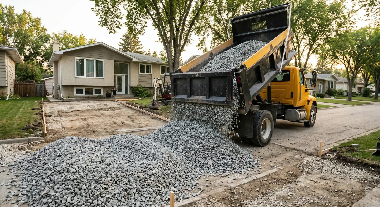 Bulk aggregate delivery truck dumping crusher run gravel at Winnipeg residential driveway installation