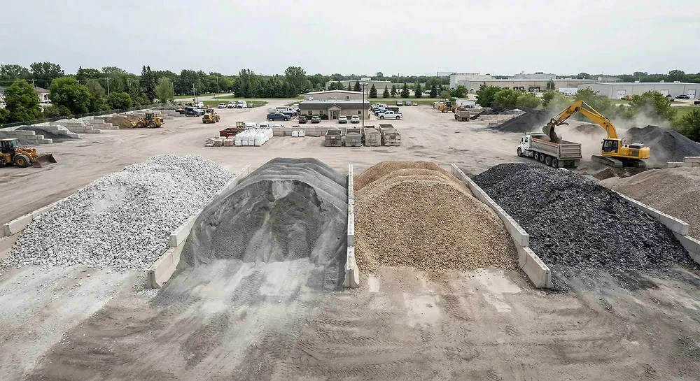 Different aggregate types side by side at Winnipeg landscape supply yard showing clean limestone crusher run and drainage gravel