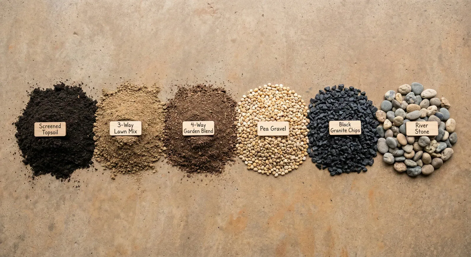Six types of landscape materials side by side including screened topsoil, 3-way mix, pea gravel, black granite, and river stone available at Ditchfield Soils Winnipeg