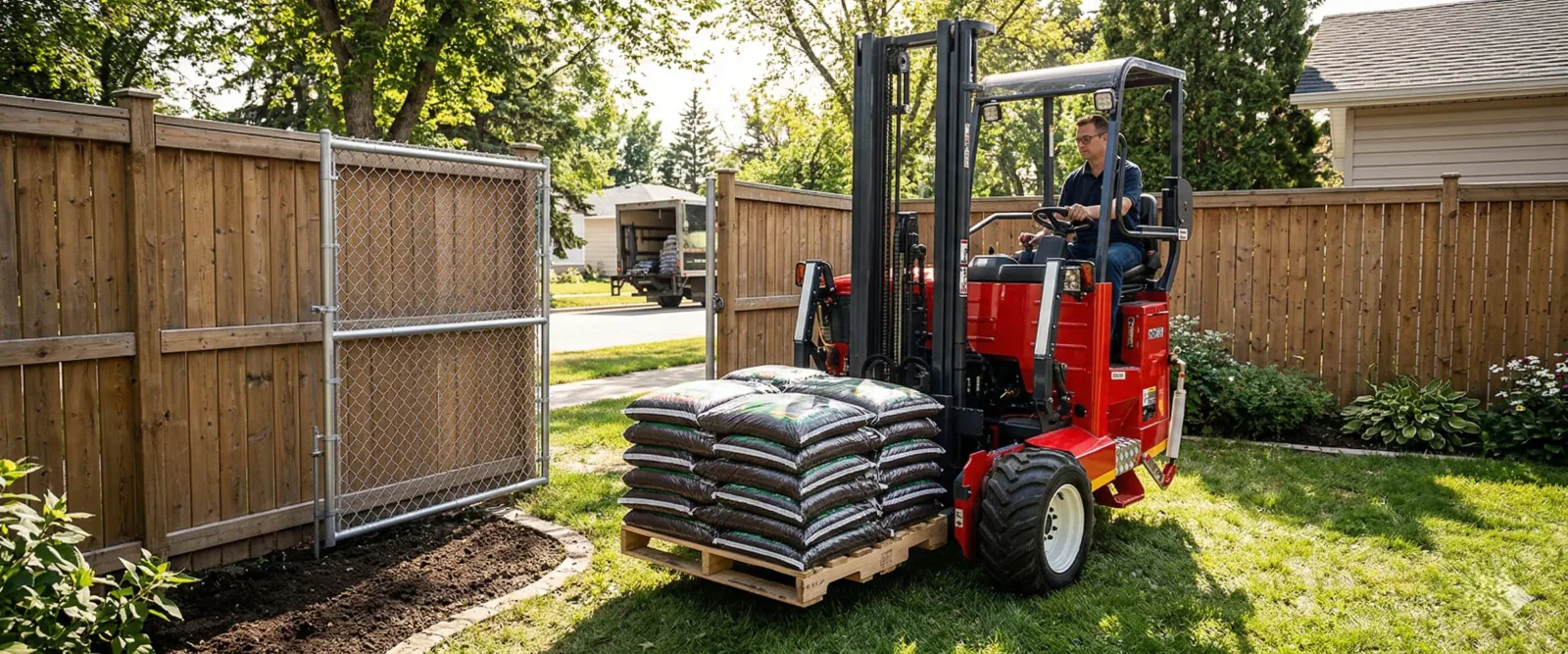 Moffett forklift delivering landscape materials through side gate directly into residential backyard in Winnipeg