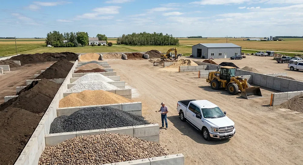 Six types of landscape materials side by side including screened topsoil, 3-way mix, pea gravel, black granite, and river stone available at Ditchfield Soils Winnipeg