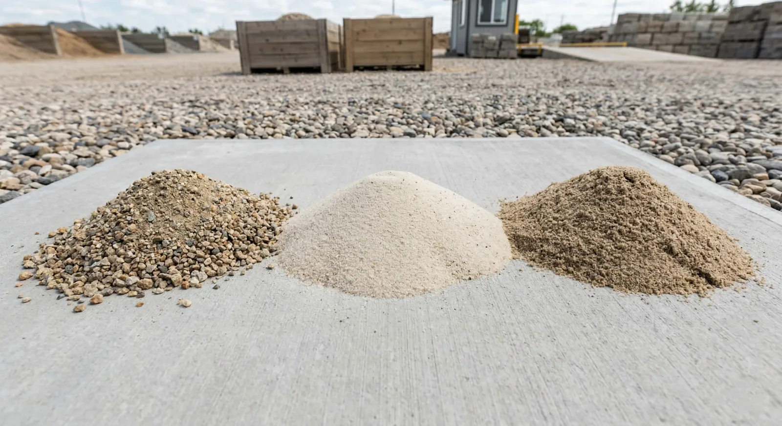 Four types of landscaping sand side by side showing texture differences: bedding sand, polymeric sand, mason sand, and concrete sand