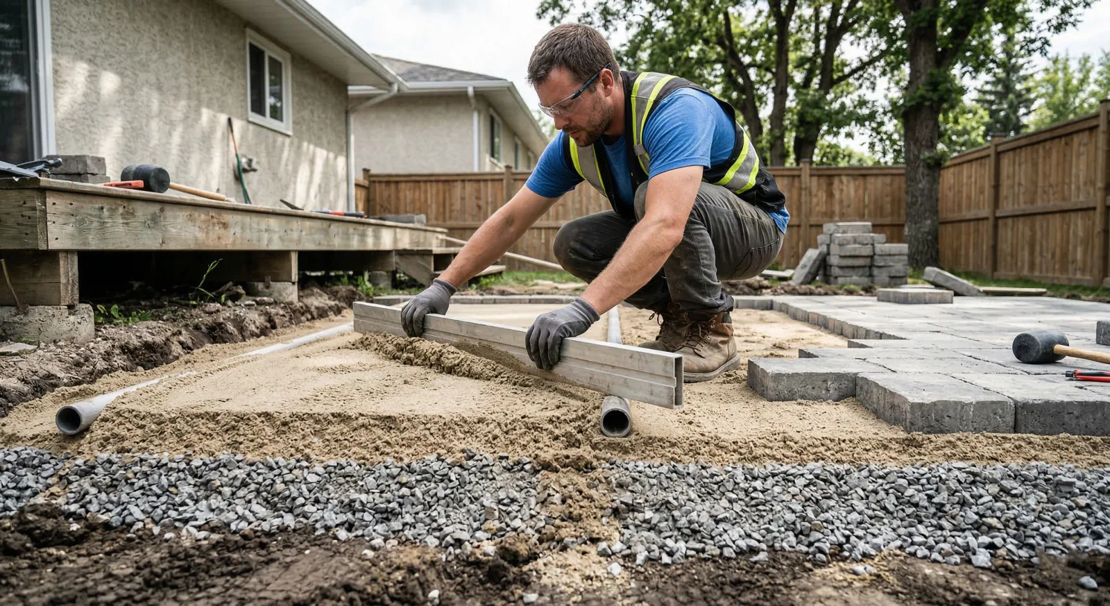 Bedding sand being screeded flat under paver installation in Winnipeg showing 1 inch layer over granular base