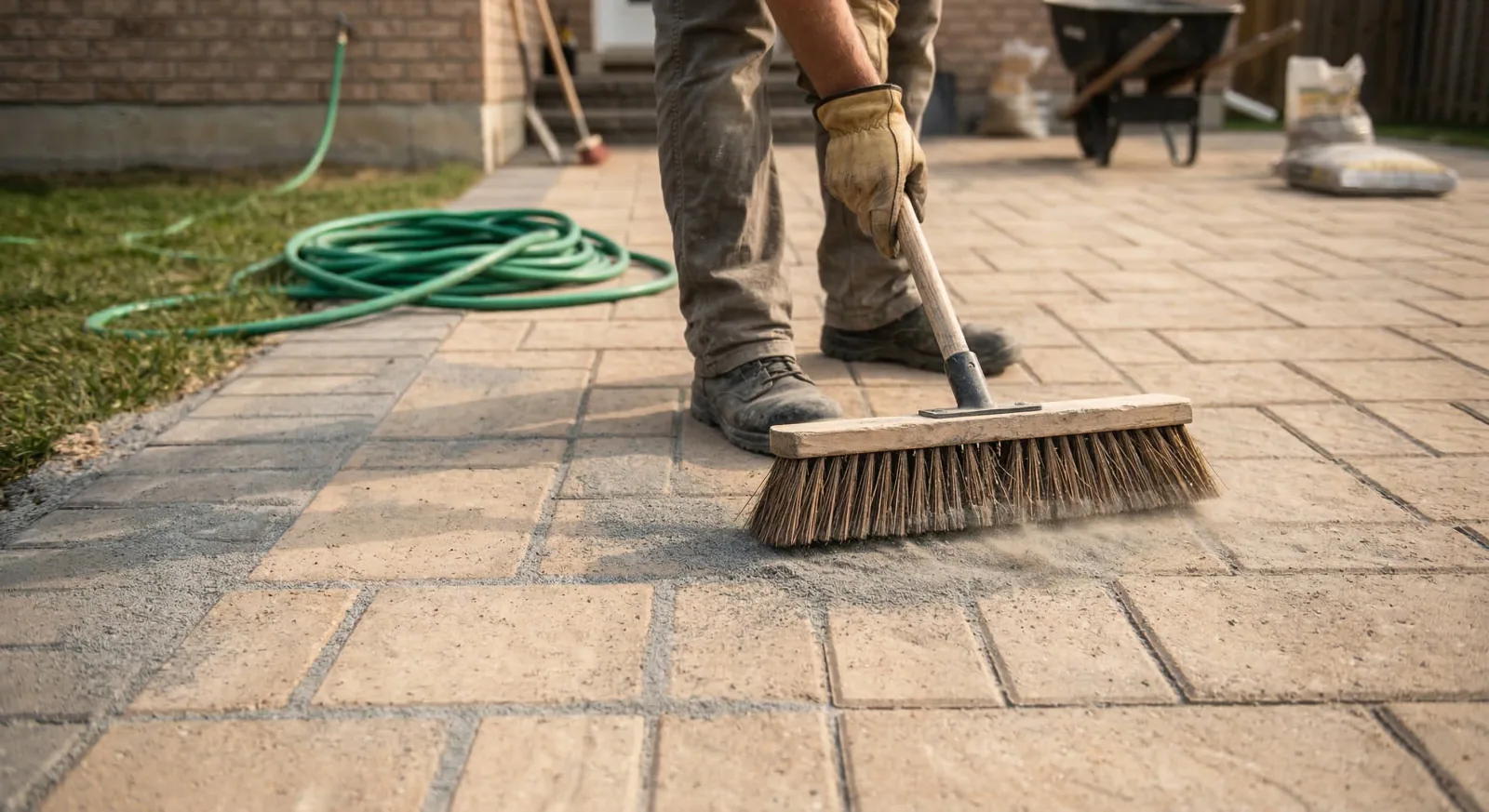 Polymeric sand being swept into paver joints with a broom before water activation to lock the installation