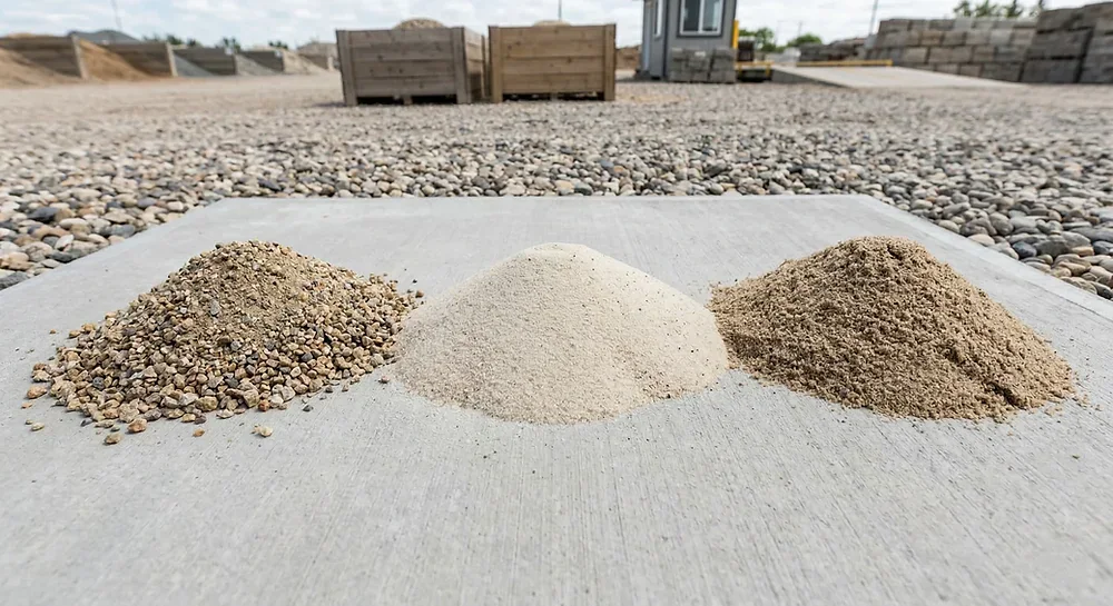 Four types of landscaping sand side by side showing texture differences: bedding sand, polymeric sand, mason sand, and concrete sand