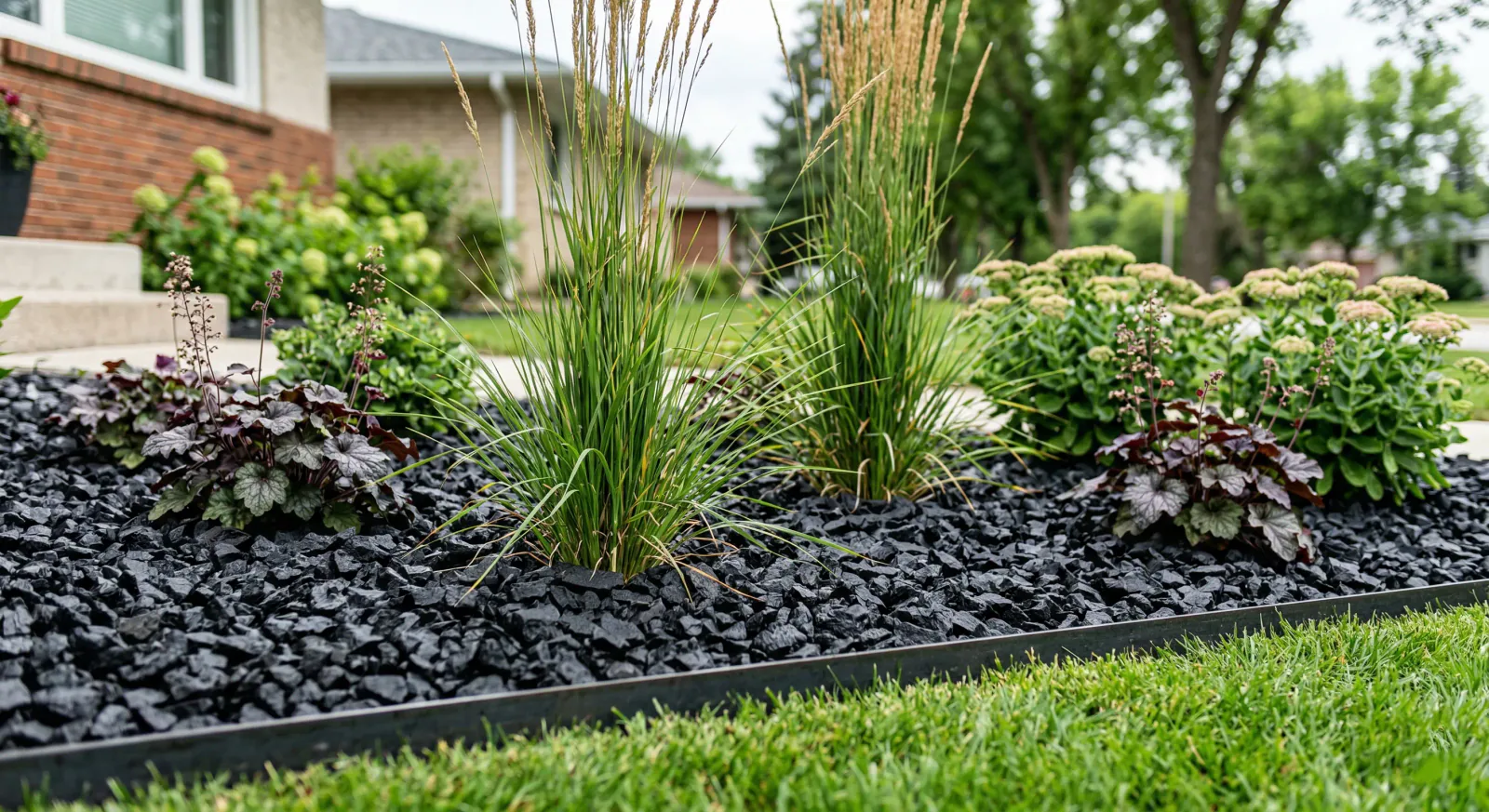 Winnipeg garden bed with black granite decorative stone showing high contrast modern landscape design against green plants