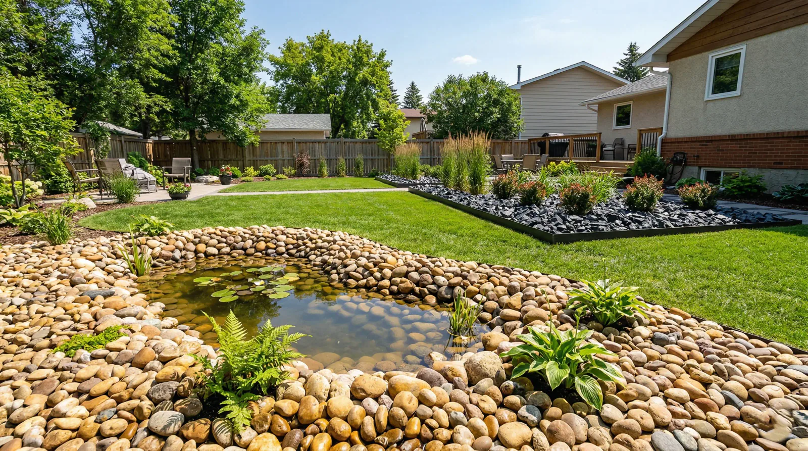Winnipeg backyard showing riverstone used around water feature and black granite in modern garden bed edging