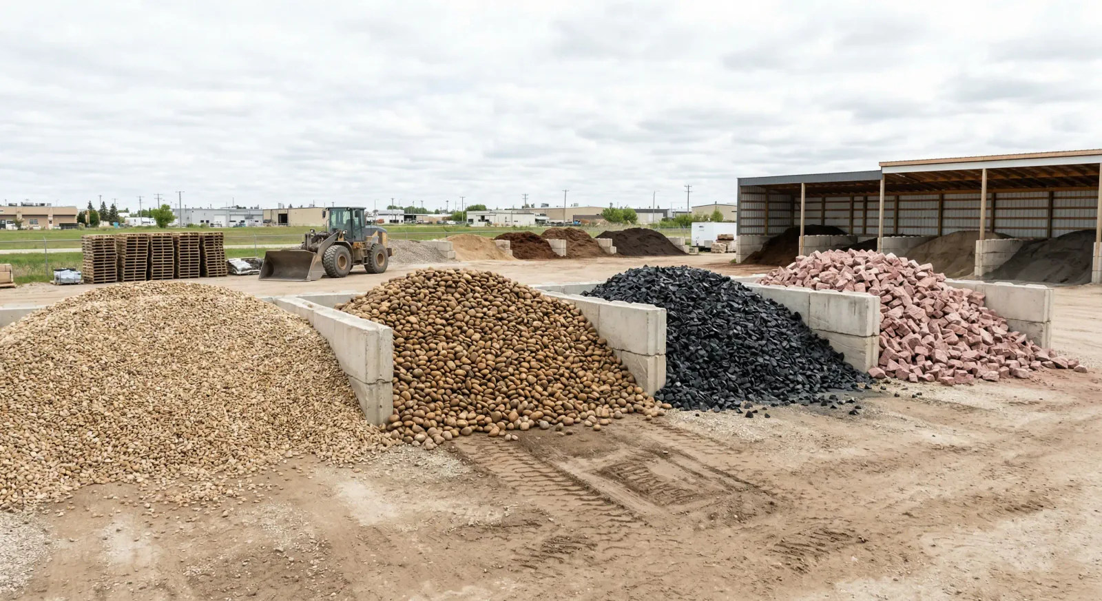 Ditchfield Supply yard showing bulk riverstone and granite decorative stone inventory available for Winnipeg delivery