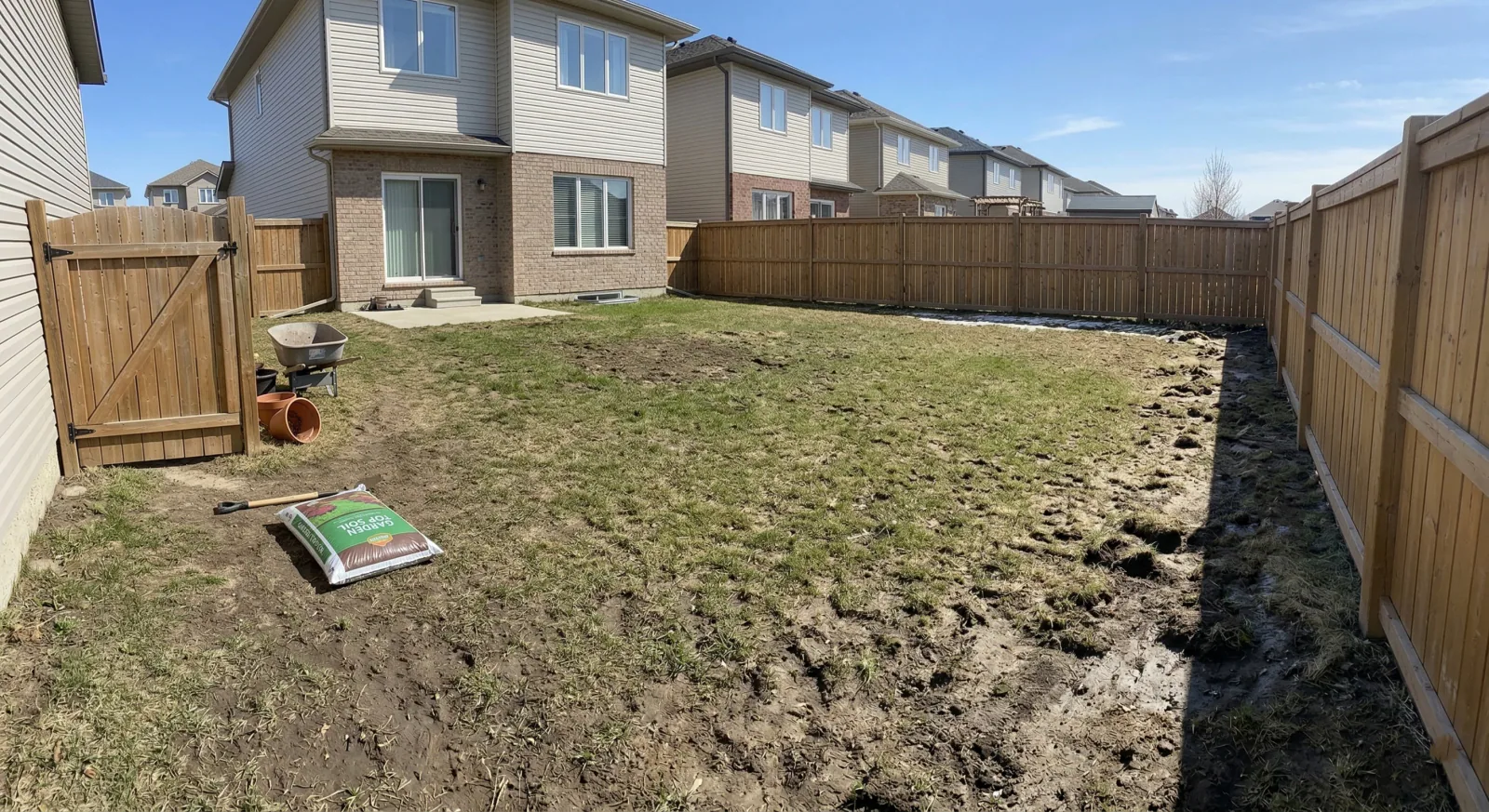 Winnipeg backyard in late April showing spring ground thaw with soil becoming workable after winter