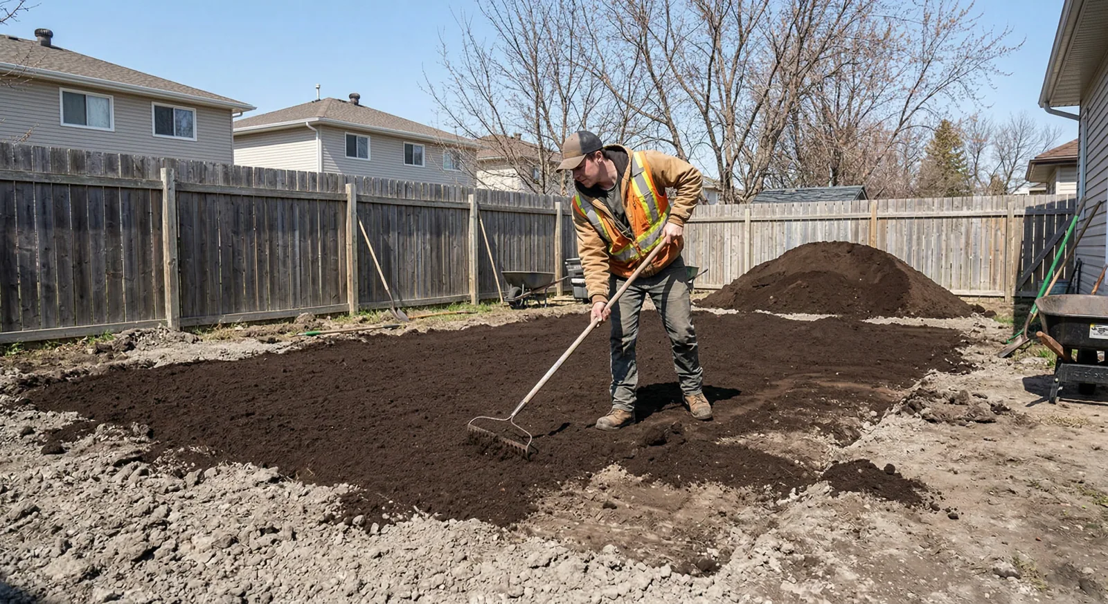 Screened topsoil being spread and graded in Winnipeg residential backyard in preparation for sod installation