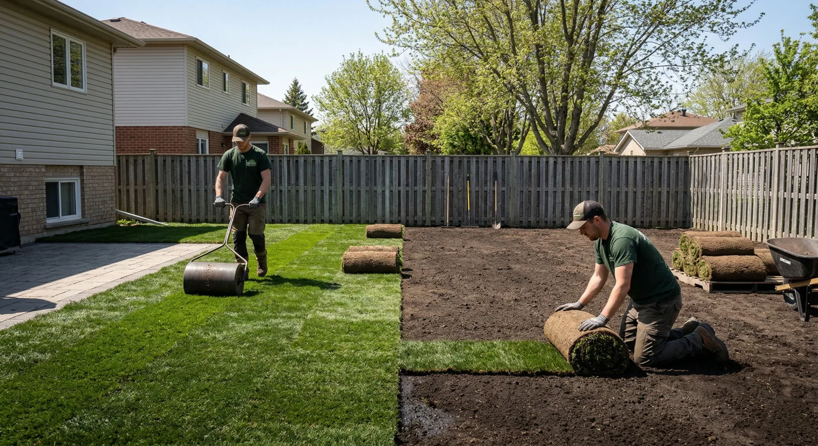 Fresh sod being installed on prepared topsoil in Winnipeg residential backyard in late May