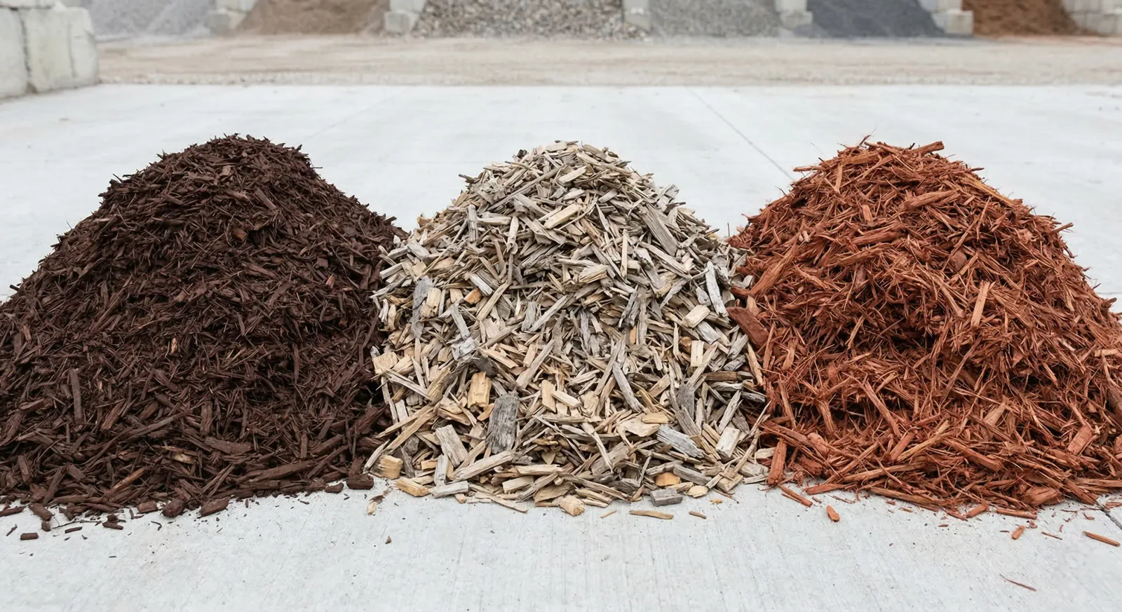 Three types of wood mulch side by side: dark brown dyed, natural wood chips, and cedar mulch in Winnipeg garden supply yard