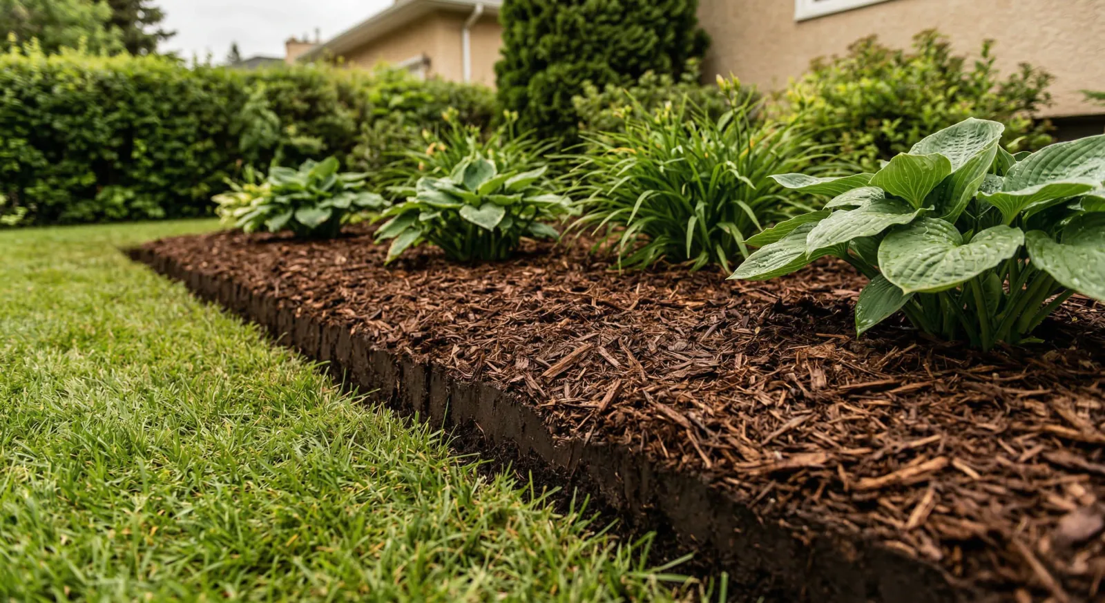 Freshly applied dark brown mulch at 3 inch depth in Winnipeg garden bed with clean re-edged border against lawn