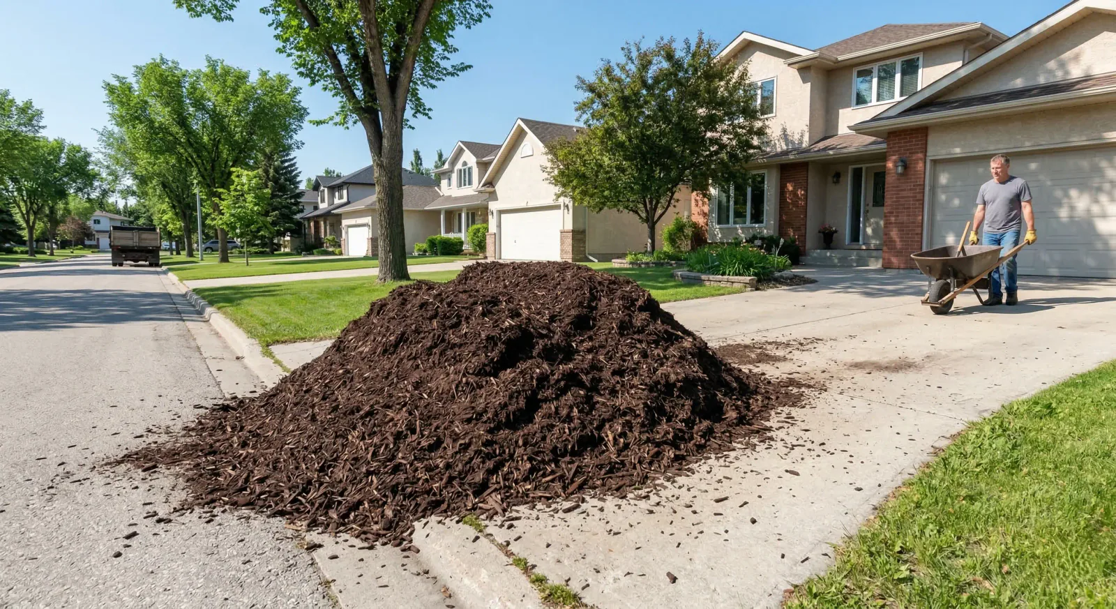 Bulk mulch delivery pile at Winnipeg residential driveway ready for garden bed installation
