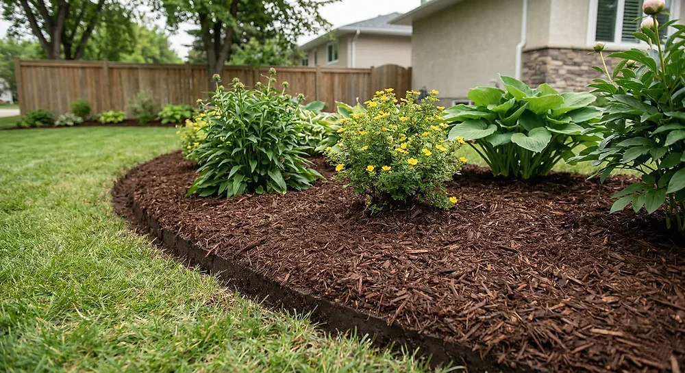 Three types of wood mulch side by side: dark brown dyed, natural wood chips, and cedar mulch in Winnipeg garden supply yard